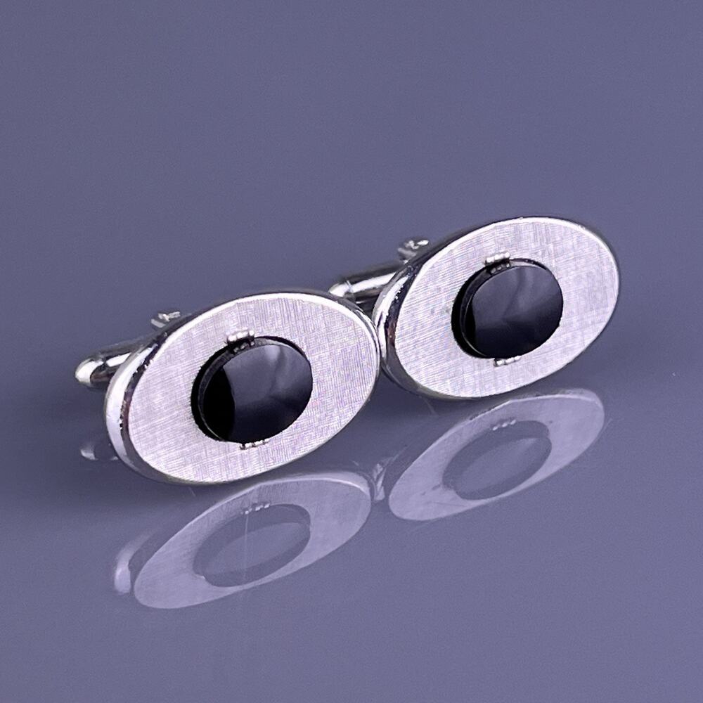 Simple Black Onyx Cufflinks Silver Tone Florentine Finish Oval Swank Vintage